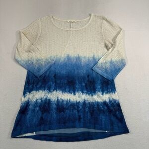 Indigo Soul 3/4 Length Sleeve Sheer Back Top Womens Sz Small Cream Blue Tie Dye